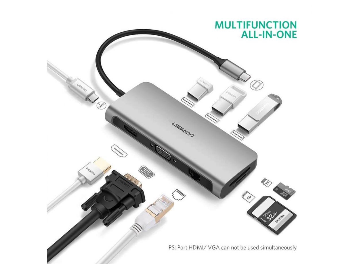 Ugreen 40873 Bộ chuyển đổi TYPE C sang 3 USB 3.0 + HDMI + VGA + LAN + SD TF + hỗ trợ nguồn TYPE C CM179 20040873 - Ảnh 6
