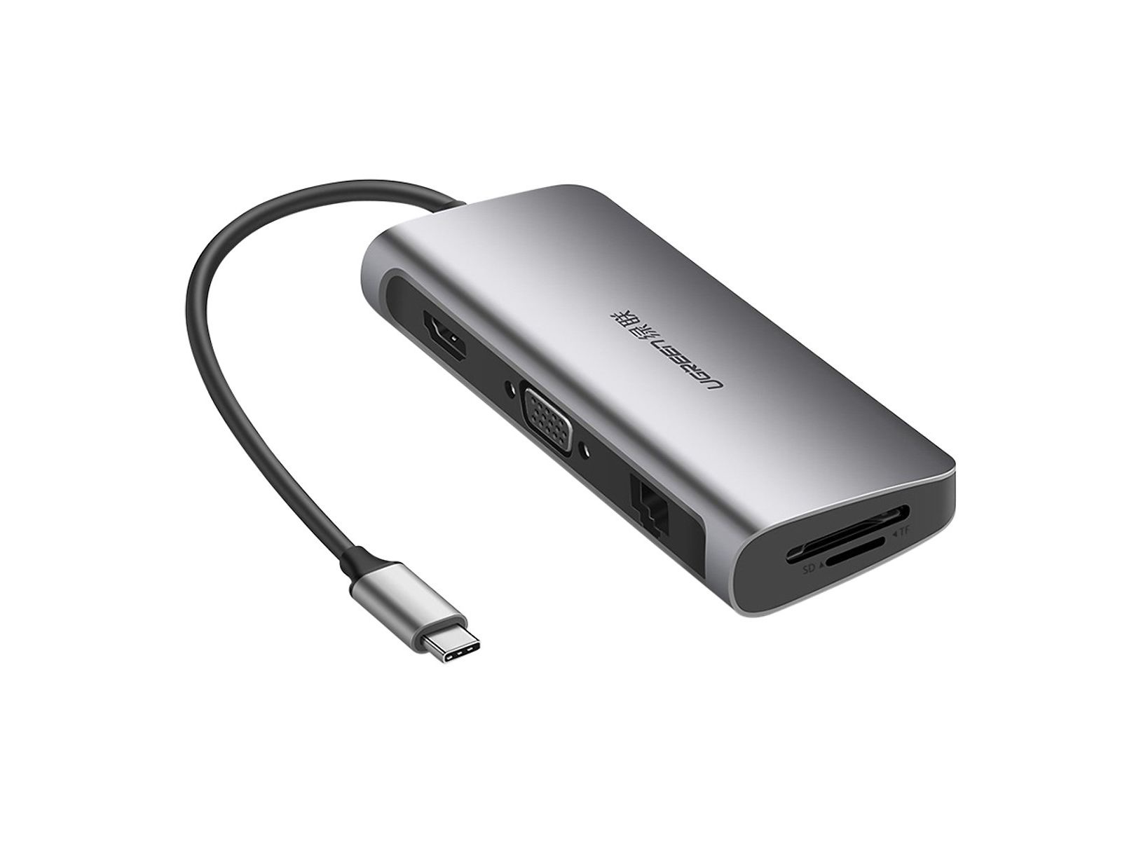 Ugreen 40873 Bộ chuyển đổi TYPE C sang 3 USB 3.0 + HDMI + VGA + LAN + SD TF + hỗ trợ nguồn TYPE C CM179 20040873