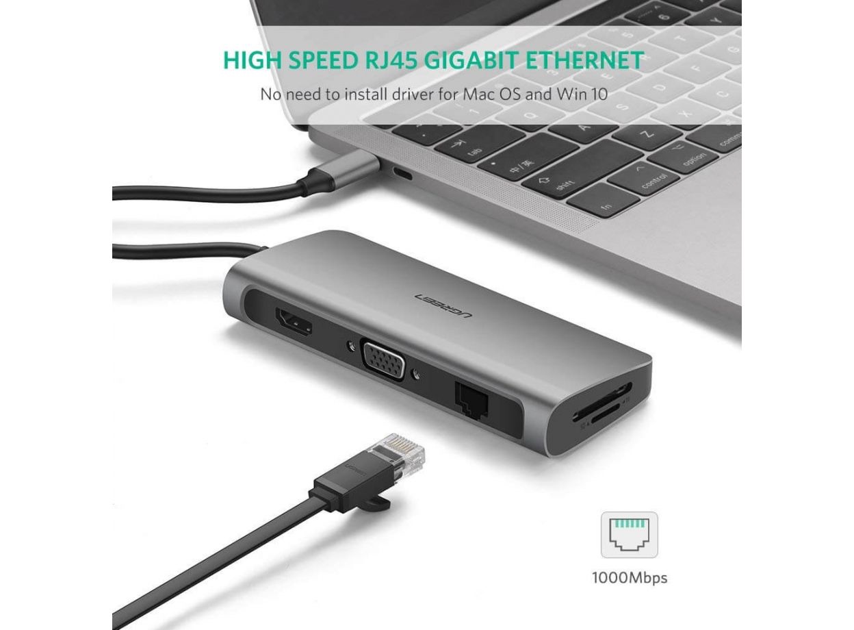 Ugreen 40873 Bộ chuyển đổi TYPE C sang 3 USB 3.0 + HDMI + VGA + LAN + SD TF + hỗ trợ nguồn TYPE C CM179 20040873 - Ảnh 4