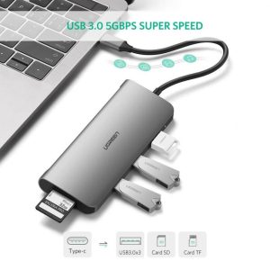 Ugreen 40873 Bộ chuyển đổi TYPE C sang 3 USB 3.0 + HDMI + VGA + LAN + SD TF + hỗ trợ nguồn TYPE C CM179 20040873 - Ảnh 3