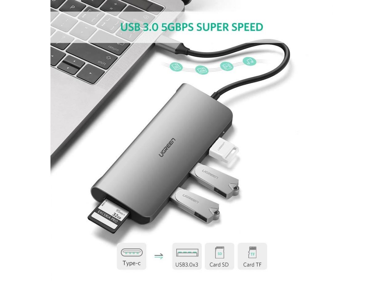 Ugreen 40873 Bộ chuyển đổi TYPE C sang 3 USB 3.0 + HDMI + VGA + LAN + SD TF + hỗ trợ nguồn TYPE C CM179 20040873 - Ảnh 3