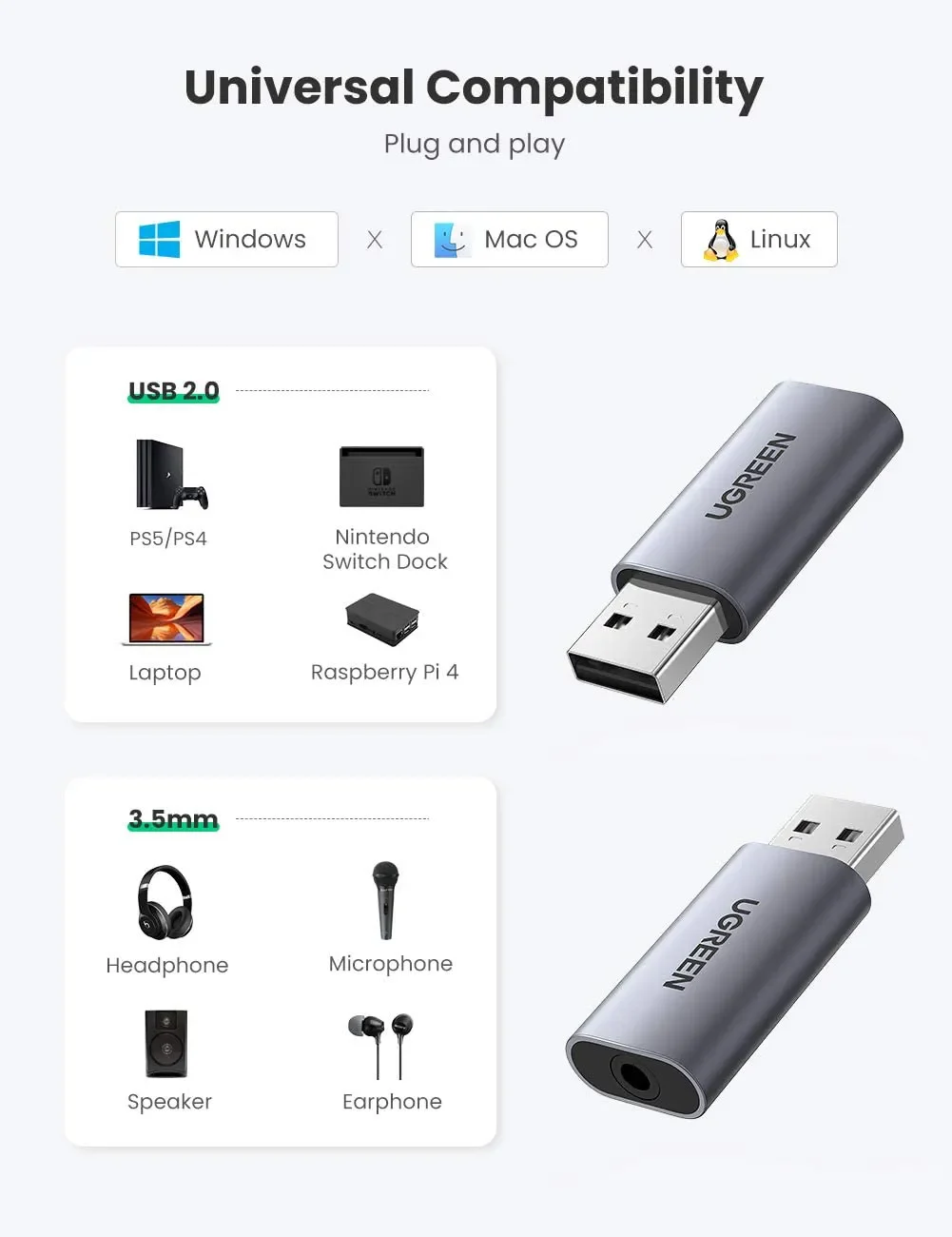 Card sound USB 2.0 to 3.5mm TRRS Mic & Loa Ugreen 80864 cao cấp (Vỏ nhôm) - Ảnh 4